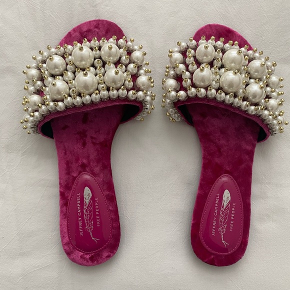 Free People + Jeffrey Campbell Fuchsia Velvet Pixie Pearl Slide Sandals - Picture 3 of 5